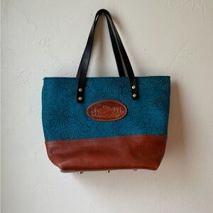 Handmade Alaska Leather Tote | Blue Embossed Floral & Brown Leather | Unused